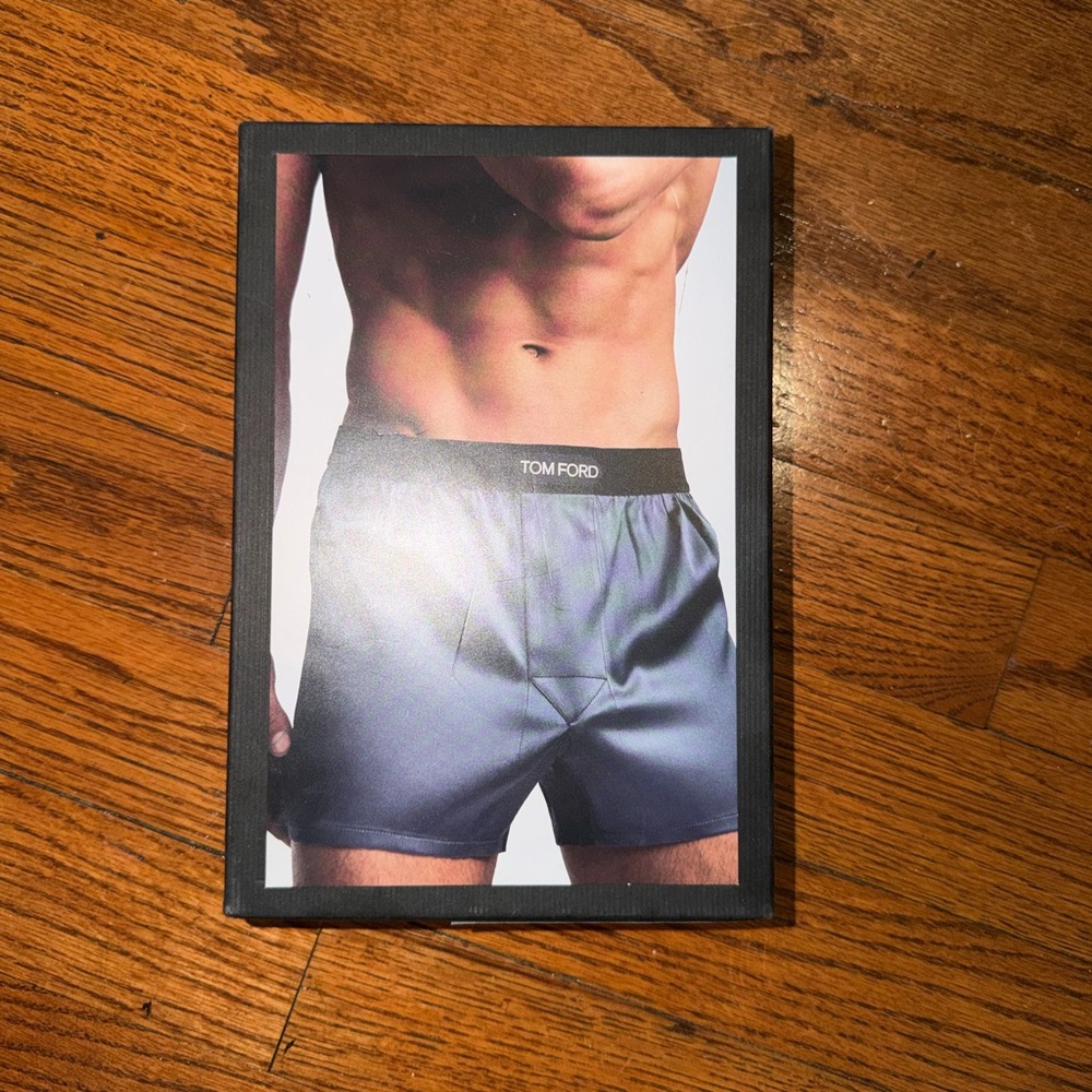 Tom Ford Men’s Satin Boxer Shorts in Gray Blue with Black Waistband - brand new